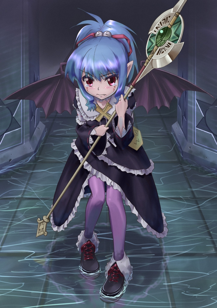 blue hair, pointy ears, red eyes, slit pupils, tears