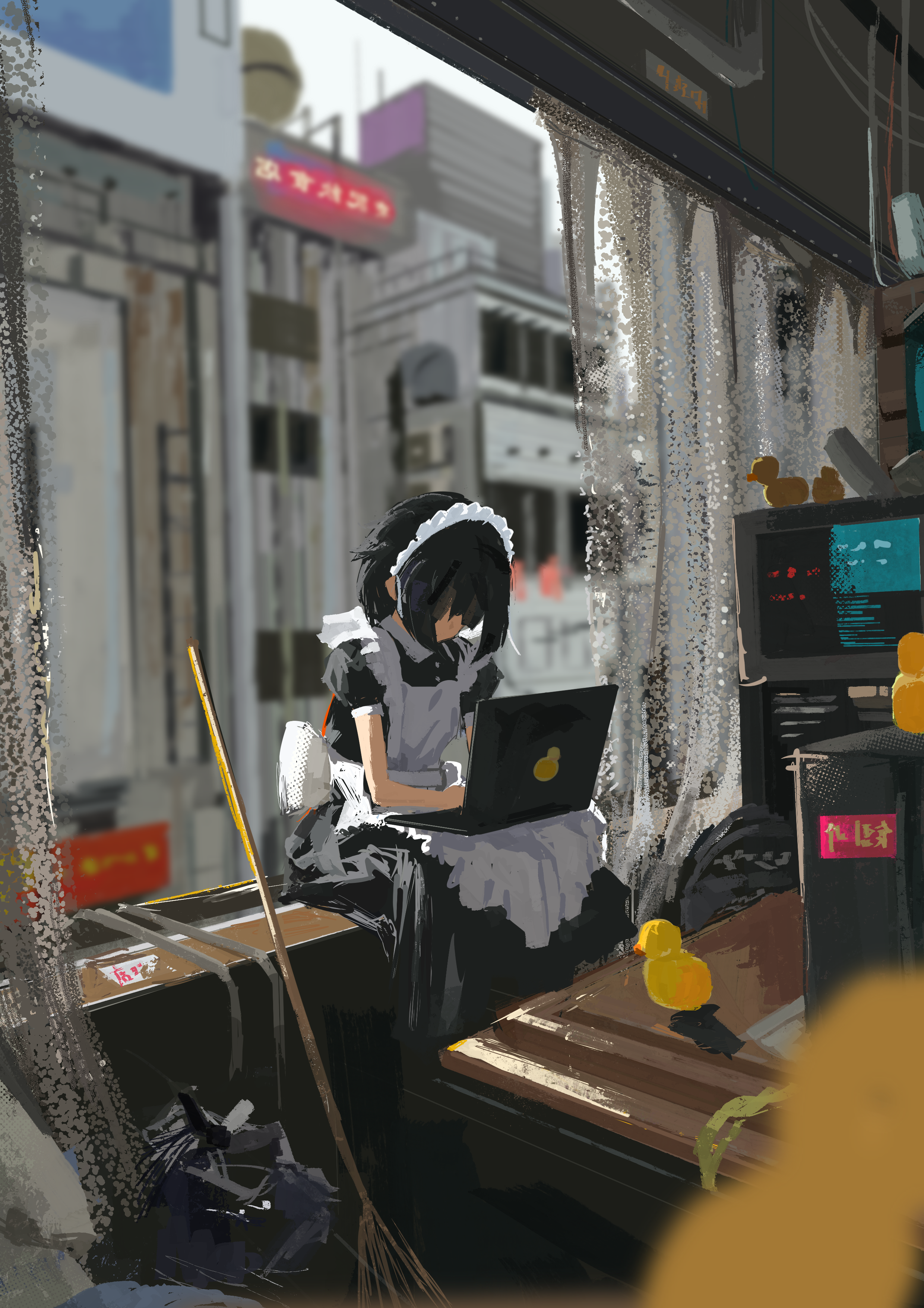 koukouya, original, absurdres, commentary, english commentary, highres, 1girl, bird, black hair, computer, duck, laptop, maid, scenery, window