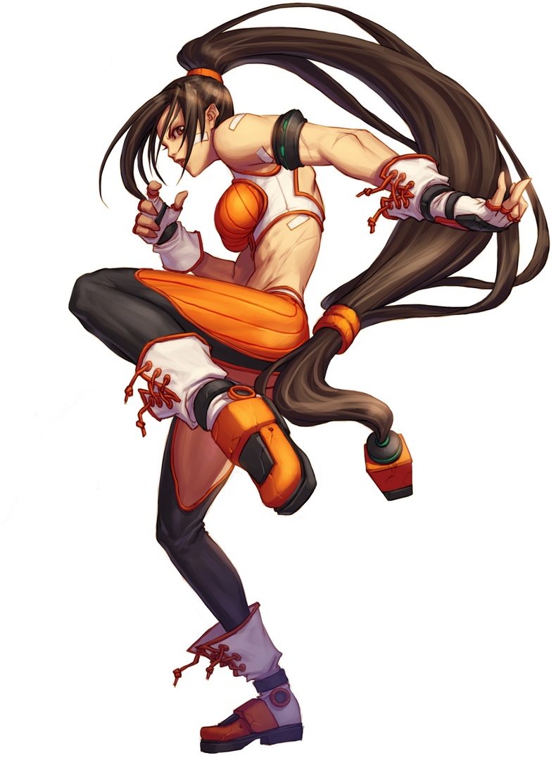 female brawler (dungeon and fighter), female fighter (dungeon and fighter), dungeon and fighter, armlet, bandages, bare shoulders, boots, brown hair, fighting stance, fingerless gloves, gloves, hair ornament, jewelry, leg lift, long hair, midriff, muscular, ponytail, profile, scar, simple background, solo, very long hair
