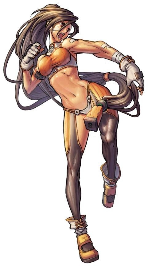 female fighter (dungeon and fighter), dungeon and fighter, 00s, 1girl, armlet, bandages, bare shoulders, boots, brown eyes, brown hair, female focus, fighting stance, fingerless gloves, framed breasts, full body, gloves, hair ornament, jewelry, leg lift, long hair, midriff, muscular, navel, open mouth, ponytail, scar, simple background, solo, standing, very long hair
