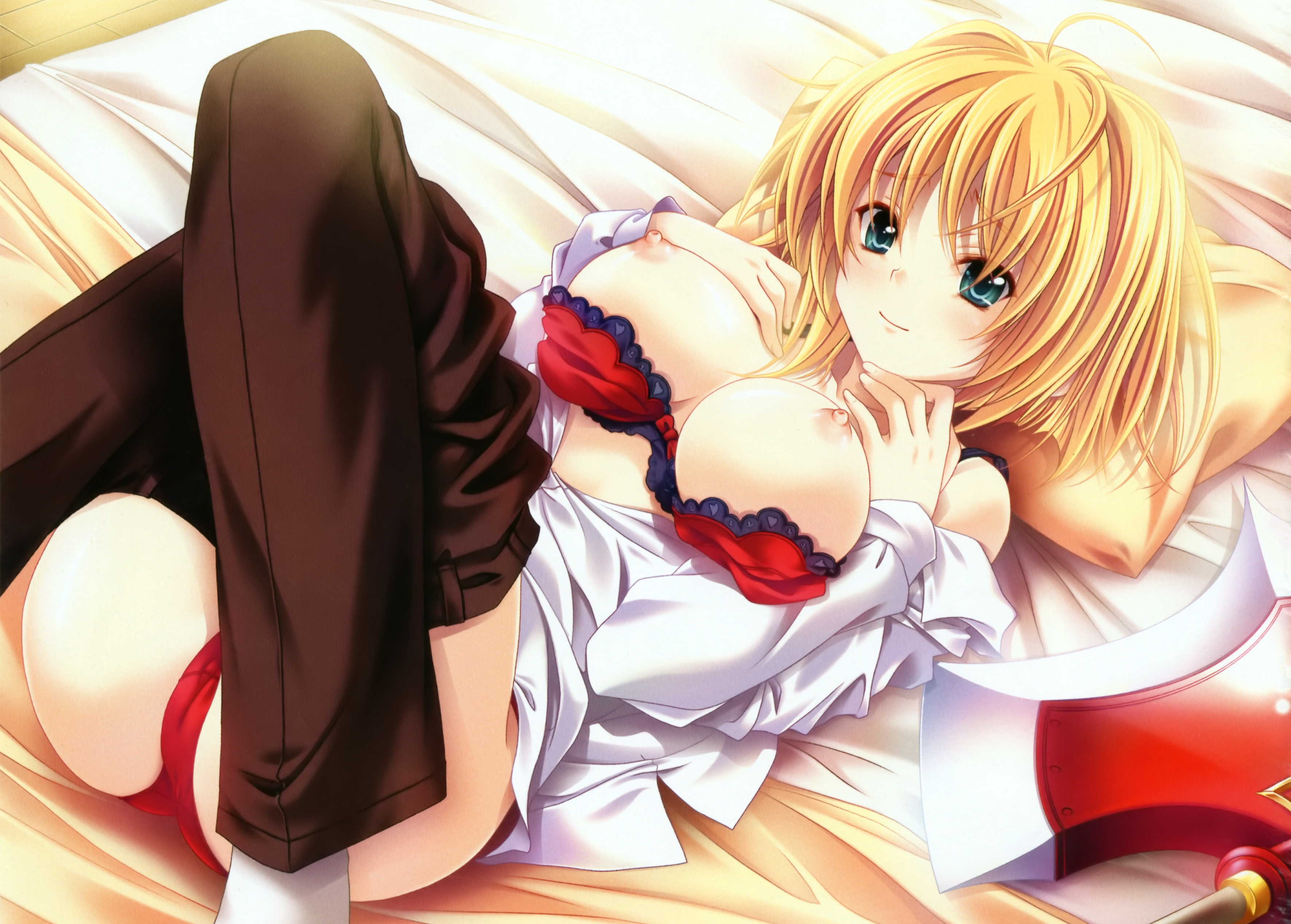 miyama-zero, absurdres, highres, 1girl, ahoge, aqua eyes, axe, bed, blonde hair, bow, bow bra, bra, breasts, dress shirt, female focus, large breasts, lingerie, lying, nipples, on back, panties, pillow, red panties, seductive smile, shirt, smile, solo, underwear, weapon