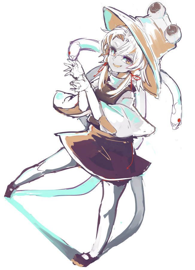 wataichi meko, moriya suwako, touhou, commentary request, 1girl, blonde hair, brown hat, detached sleeves, hair ribbon, hat, looking to the side, purple skirt, purple vest, red eyes, ribbon, simple background, skirt, skirt set, snake, spread legs, standing, turtleneck, vest, white background, white snake, wide sleeves, yellow eyes