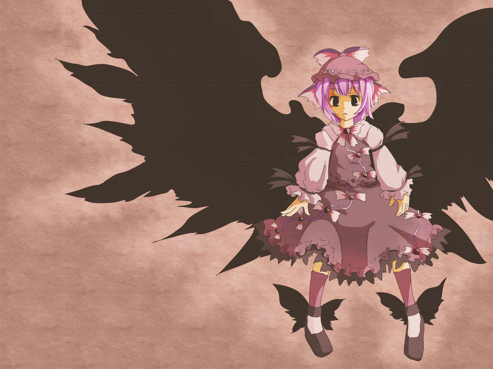 nushinushi (artist), mystia lorelei, touhou, winged footwear, highres, 1girl, animal ears, black eyes, bow, dress, female focus, hair bow, hat, kneehighs, long sleeves, nasu hana, pink hair, ribbon, shoes, short hair, socks, solo, wings
