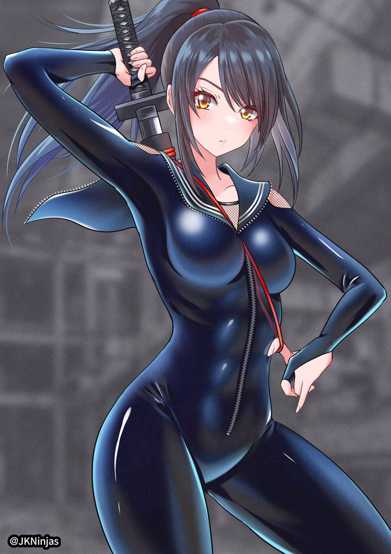 i macoto, original, commentary request, 1girl, black bodysuit, black hair, bodysuit, breasts, catsuit, cowboy shot, fishnets, full-length zipper, gloves, high ponytail, holding, holding sword, holding weapon, impossible bodysuit, impossible clothes, katana, latex, latex bodysuit, long hair, looking at viewer, navel, ninja, partially fingerless gloves, ponytail, sailor collar, scabbard, sheath, shiny clothes, skin tight, solo, standing, sword, unsheathing, weapon, weapon on back, yellow eyes, zipper