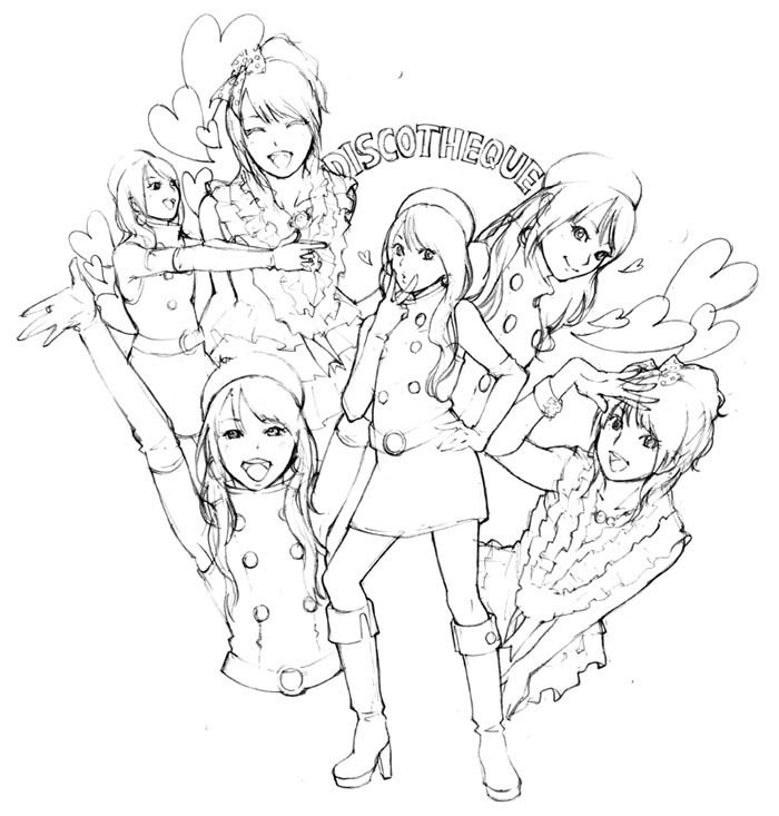 imo (suruga), suruga, mizuki nana, real life, rosario+vampire, 00s, 1girl, animification, belt, boots, bow, elbow gloves, frills, gathers, gloves, greyscale, hair bow, hat, heart, monochrome, sketch