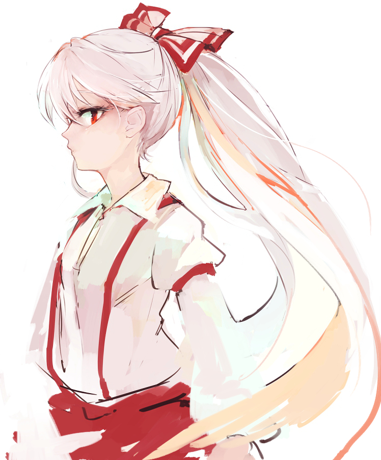 wataichi meko, fujiwara no mokou, touhou, commentary request, 1girl, bow, breasts, collared shirt, hair bow, long hair, long sleeves, looking to the side, pants, ponytail, red eyes, red pants, red suspenders, shirt, simple background, small breasts, solo, suspenders, white background, white hair, white shirt