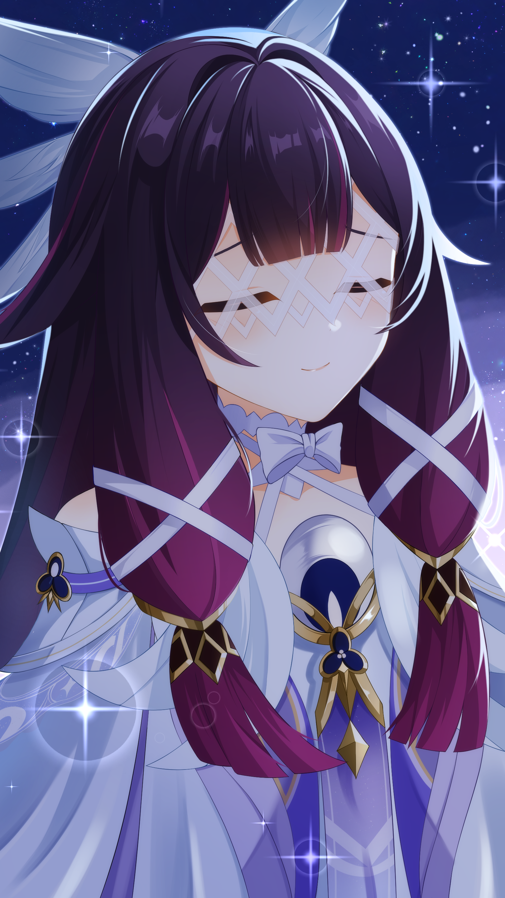 nexgrimms pix, columbina (genshin impact), genshin impact, absurdres, commentary request, highres, 1girl, black hair, bow, choker, closed eyes, closed mouth, dress, feathered wings, gradient hair, hair ribbon, head wings, long hair, long sidelocks, multicolored hair, multiple wings, pink hair, ribbon, sidelocks, white bow, white choker, white dress, white ribbon, white wings, wings