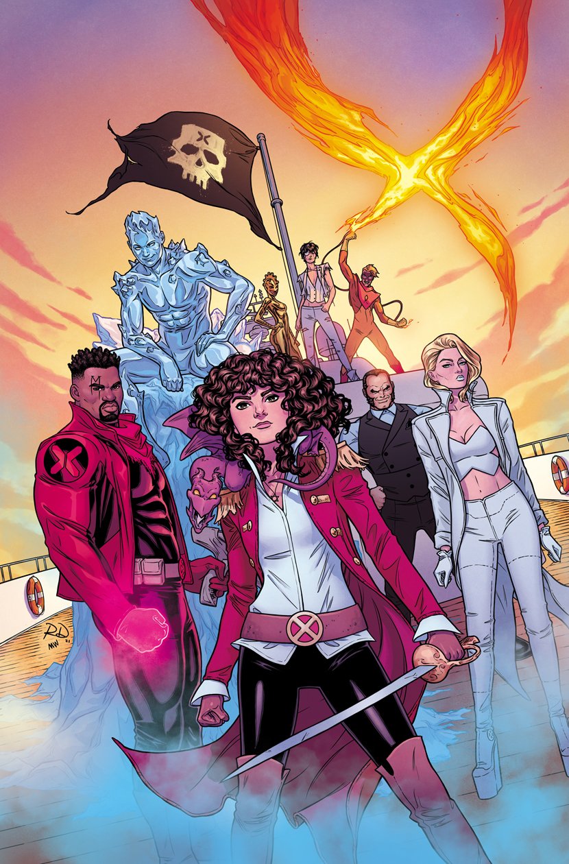 matt wilson, russell dauterman, bishop (x-men), emma frost, iceman (x-men), kitty pryde, lockheed, marvel, x-men, character request, comic cover, commentary, english commentary, highres, official art, belt, black facial hair, black hair, black pants, blonde hair, boat, boots, breasts, brown boots, brown eyes, brown hair, bustier, cleavage, creature, creature on shoulder, cryokinesis, curly hair, dark-skinned male, dark skin, dragon, epaulettes, facial hair, facial mark, fire, hexagram, holding, holding sword, holding weapon, jacket, jolly roger, knee boots, long hair, mature male, midriff, muscular, muscular male, navel, official alternate costume, on boat, on shoulder, pants, pyro (x-men), pyrokinesis, red jacket, ship deck, shirt, short hair, star of david, sword, tempo (x-men), watercraft, weapon, western comics (style), white bustier, white jacket, white lips, white pants, white shirt