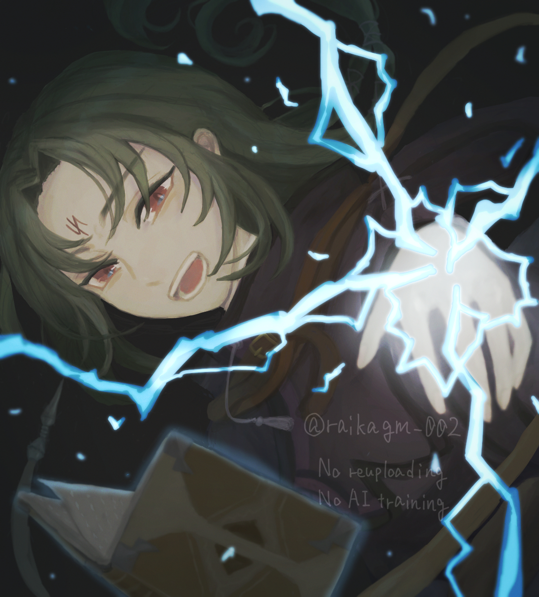 soren (fire emblem), soren (isolated strategist) (fire emblem), fire emblem, fire emblem: path of radiance, fire emblem heroes, nintendo, commentary, 1boy, bishounen, book, facial mark, forehead mark, long hair, magic, male focus, official alternate costume, open mouth, raikagm 002, red eyes, solo, teeth
