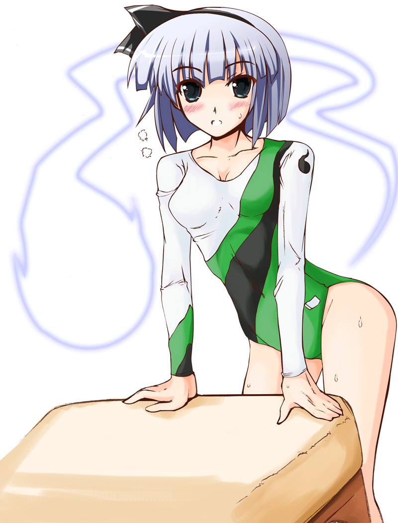 ganmo, konpaku youmu, konpaku youmu (ghost), touhou, 1girl, athletic leotard, blue hair, female focus, green eyes, gymnastics, hairband, hitodama, leotard, short hair, solo, sweat, vaulting horse