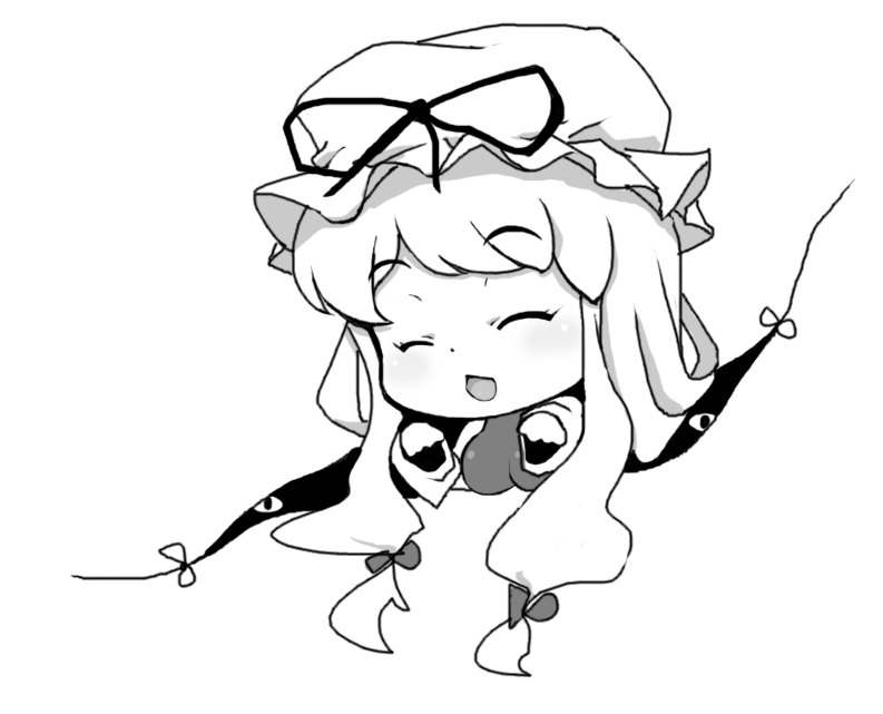 blueberry (5959), yakumo yukari, touhou, 1girl, chibi, female focus, gap (touhou), greyscale, hat, long hair, monochrome, simple background, solo, upper body, white background