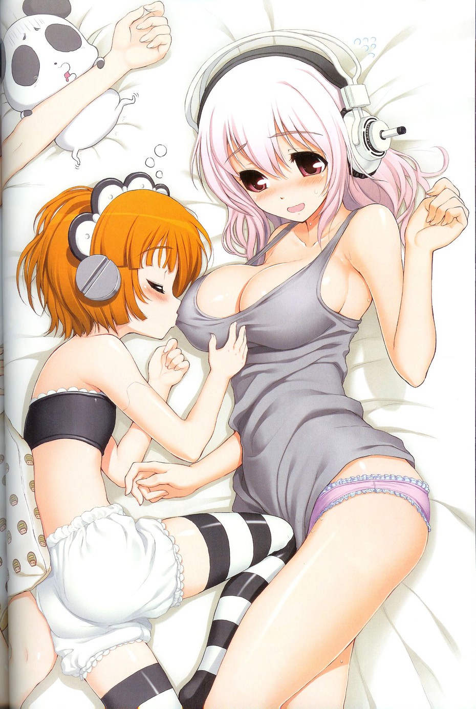 tsuji santa, satsurikuin ouka, super sonico, nitroplus, black legwear, striped legwear, white legwear, highres, official art, scan, scan artifacts, 2girls, :>=, :d, age difference, android, ass, bandeau, bed, bed sheet, bloomers, blush, breast sucking, breast sucking through clothes, breasts, cleavage, clenched hand, closed eyes, crease, curvy, drooling, embarrassed, fingernails, flat ass, flat chest, flying sweatdrops, frilled panties, frills, from above, from side, headphones, indoors, joints, large breasts, loli, long fingernails, long hair, lying, multiple girls, mushroom, no bra, no pants, on side, onee-loli, open mouth, orange hair, panda, panties, pink hair, purple panties, red eyes, robot joints, screw, short hair, sideboob, size difference, skinny, sleep molestation, sleeping, smile, strap gap, strapless, striped clothes, striped thighhighs, sweat, tank top, thighhighs, thighs, through clothes, tube top, underwear, yuri