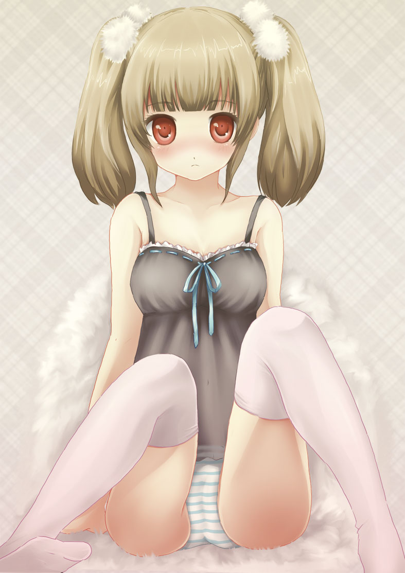 nene (cmnnm), original, bad id, bad pixiv id, 1girl, blonde hair, blush, cameltoe, camisole, female focus, hair bobbles, hair ornament, lingerie, panties, red eyes, sitting, solo, striped clothes, striped panties, thighhighs, twintails, underwear