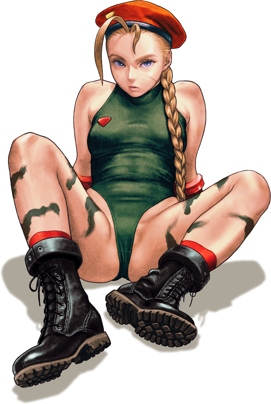 ug (ugg), cammy white, capcom, street fighter, highres, 1girl, ass, beret, blonde hair, blue eyes, boots, braid, breasts, female focus, full body, gloves, hat, leotard, long hair, medium breasts, scar, solo, spread legs, transparent background