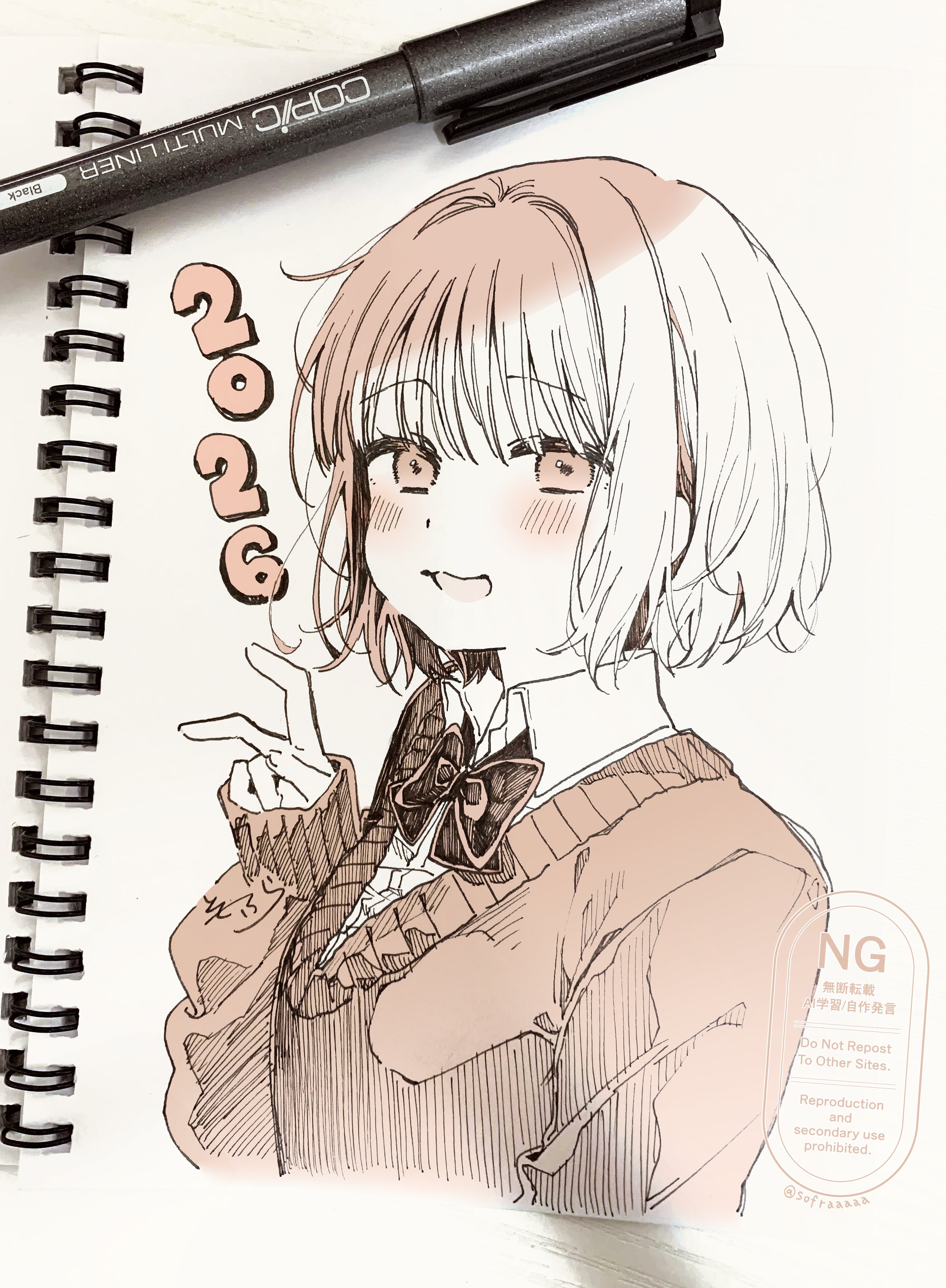 sofra, original, absurdres, commentary, highres, photo (medium), traditional media, 1girl, 2026, :d, art tools in frame, blush, bow, collared shirt, cropped torso, dress shirt, hand up, long sleeves, looking at viewer, monochrome, open mouth, puffy long sleeves, puffy sleeves, shirt, sleeves past wrists, smile, solo, sweater, twitter username, upper body, v, watermark