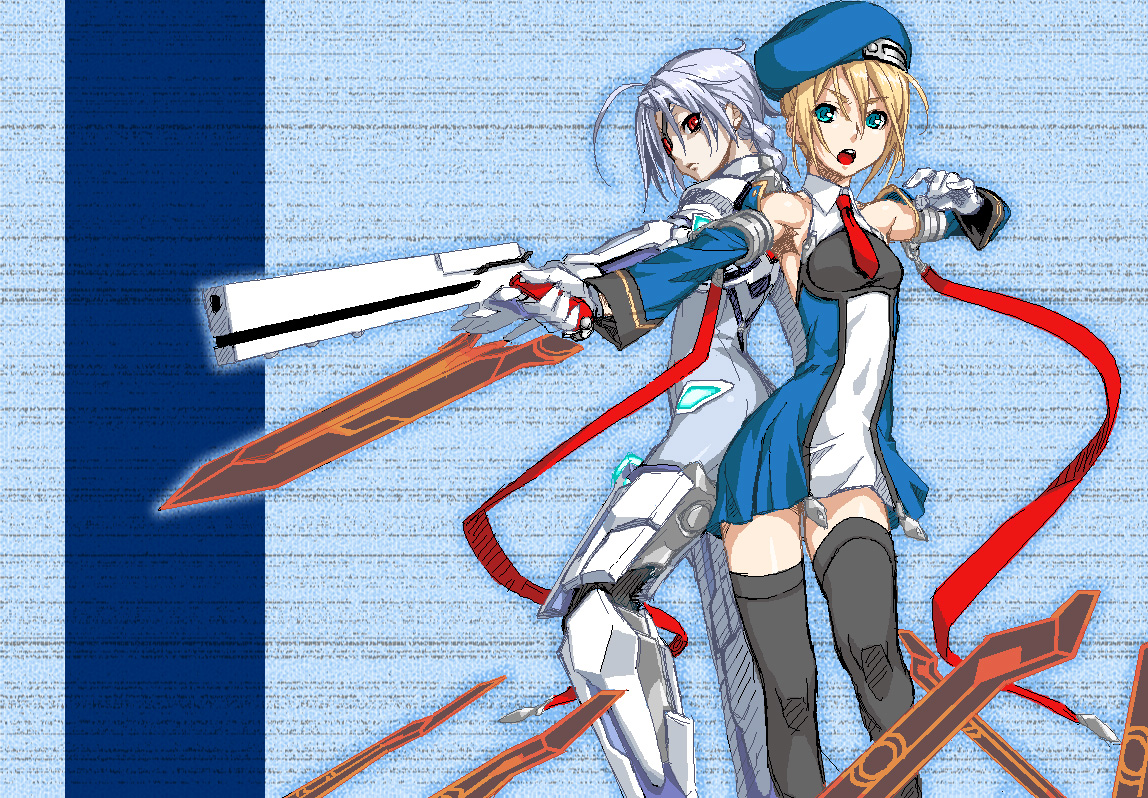 212 (kisaragi), noel vermillion, nu-13, arc system works, blazblue, silver hair, bad id, bad pixiv id, 2girls, beret, blonde hair, blue eyes, braid, detached sleeves, eyepatch, gloves, green eyes, gun, handgun, hat, long hair, mecha musume, multiple girls, necktie, red eyes, short hair, skin tight, sword, thighhighs, weapon