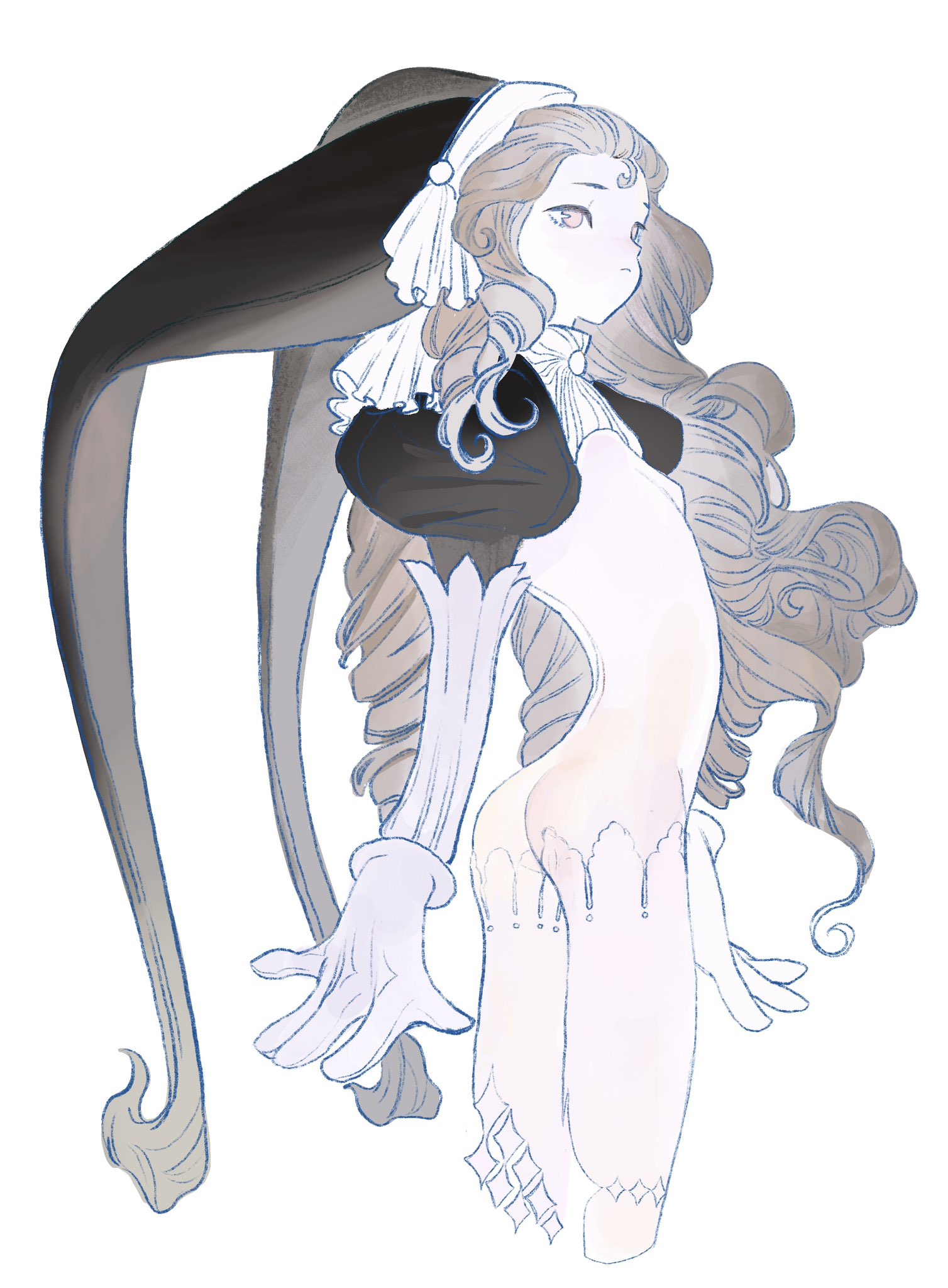 opood, original, fluffy hair, commentary, english commentary, highres, 1girl, arched back, ass, black hat, black sleeves, blush, breasts, brown hair, closed mouth, collar, cowboy shot, curly hair, curly sidelocks, detached sleeves, elbow gloves, forehead, frilled hat, frills, frown, gloves, hat, high collar, jester cap, juliet sleeves, long hair, long sleeves, looking ahead, nose blush, nude, pale skin, pink eyes, puffy sleeves, skinny, small breasts, solo, thighhighs, very long hair, white background, white collar, white gloves, white thighhighs