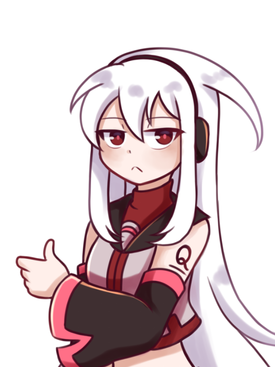 chanpotei, sukone tei, utau, commentary, english commentary, 1girl, :<, absurdly long hair, arm tattoo, cropped sweater, detached sleeves, long hair, red eyes, red sweater, sweater, tattoo, thumbs up, turtleneck, turtleneck sweater, very long hair, white hair