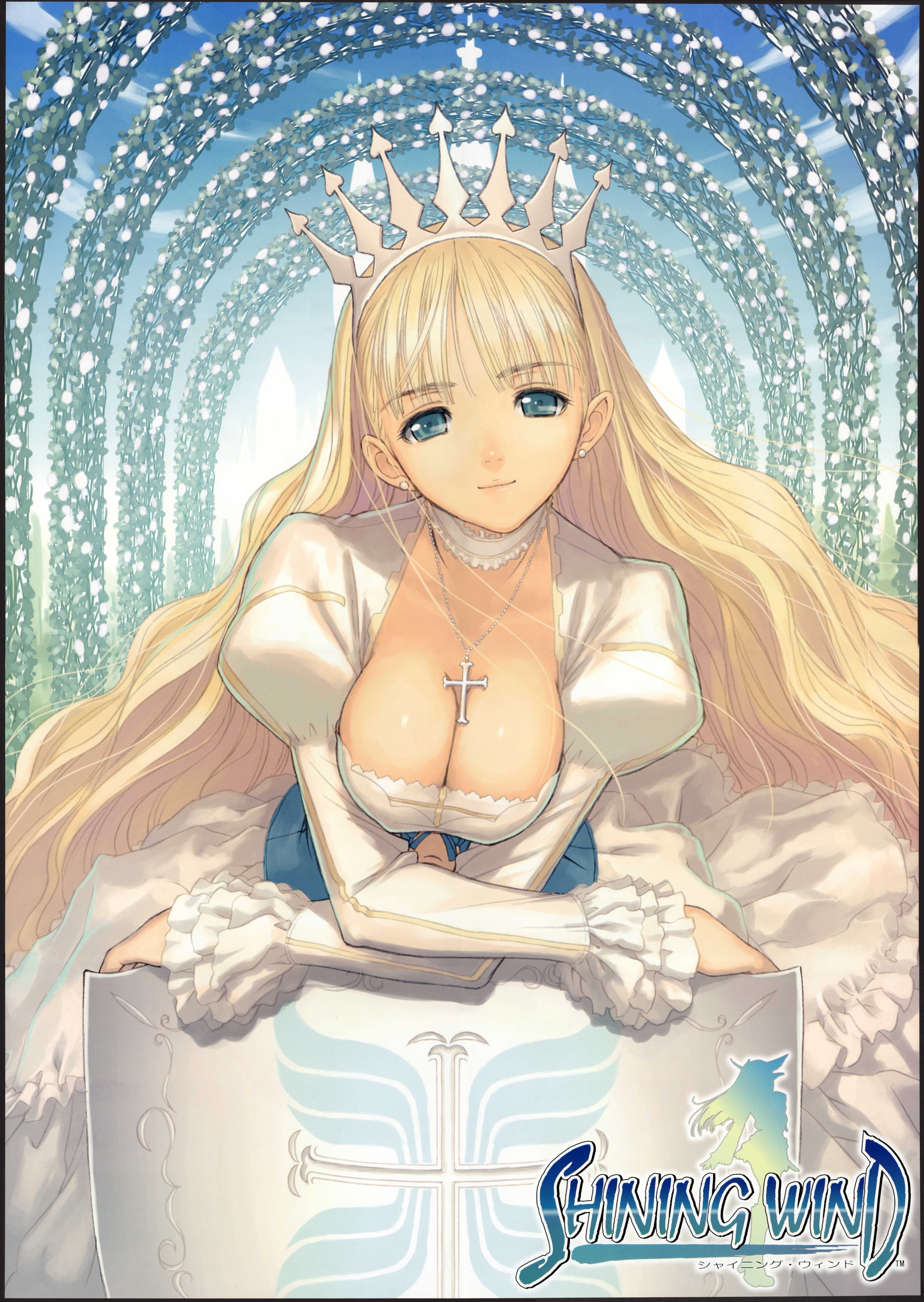 tony taka, clalaclan philias, sega, shining (series), shining wind, absurdres, highres, 1girl, blonde hair, blue eyes, breasts, breasts squeezed together, cleavage, cross, crown, earrings, female focus, jewelry, large breasts, long hair, necklace, shield, solo, very long hair