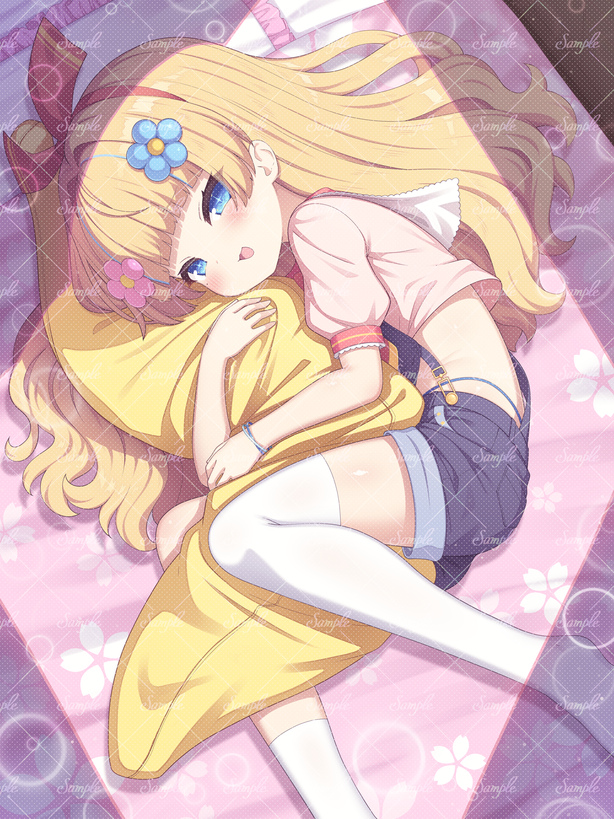 sasakura momiji, commentary request, commission, copyright request, highres, skeb commission, 1girl, :d, asymmetrical legwear, bed, blonde hair, blue eyes, blue flower, blue hair, blue panties, blush, crop top, feet out of frame, flower, frilled pillow, frills, hair flower, hair ornament, hairband, highleg, highleg panties, hugging object, long hair, looking at viewer, lying, multicolored hair, on bed, on side, open mouth, overall shorts, overalls, panties, pillow, pink flower, pink shirt, puffy short sleeves, puffy sleeves, red hairband, sample watermark, shirt, short sleeves, single sock, single thighhigh, smile, socks, solo, streaked hair, thighhighs, underwear, very long hair, virtual youtuber, watermark, white socks, white thighhighs