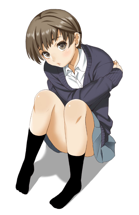 mattaku mousuke, original, 1girl, black socks, crossed arms, dress shirt, female focus, looking at viewer, pleated skirt, school uniform, shirt, short hair, simple background, sitting, skirt, socks, solo, sweater, very short hair, white background
