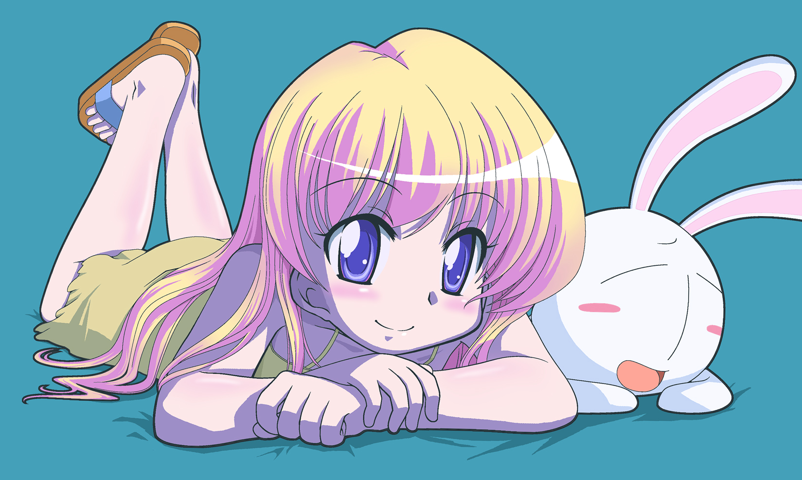 ki (adotadot), mesousa, rebecca miyamoto, pani poni dash!, highres, 00s, 1girl, blonde hair, blue background, blue eyes, blush, child, dress, female focus, flip-flops, full body, legs up, long hair, lying, on stomach, rabbit, sandals, simple background, sleeveless, sleeveless dress, smile, solo, spaghetti strap, the pose, yellow dress