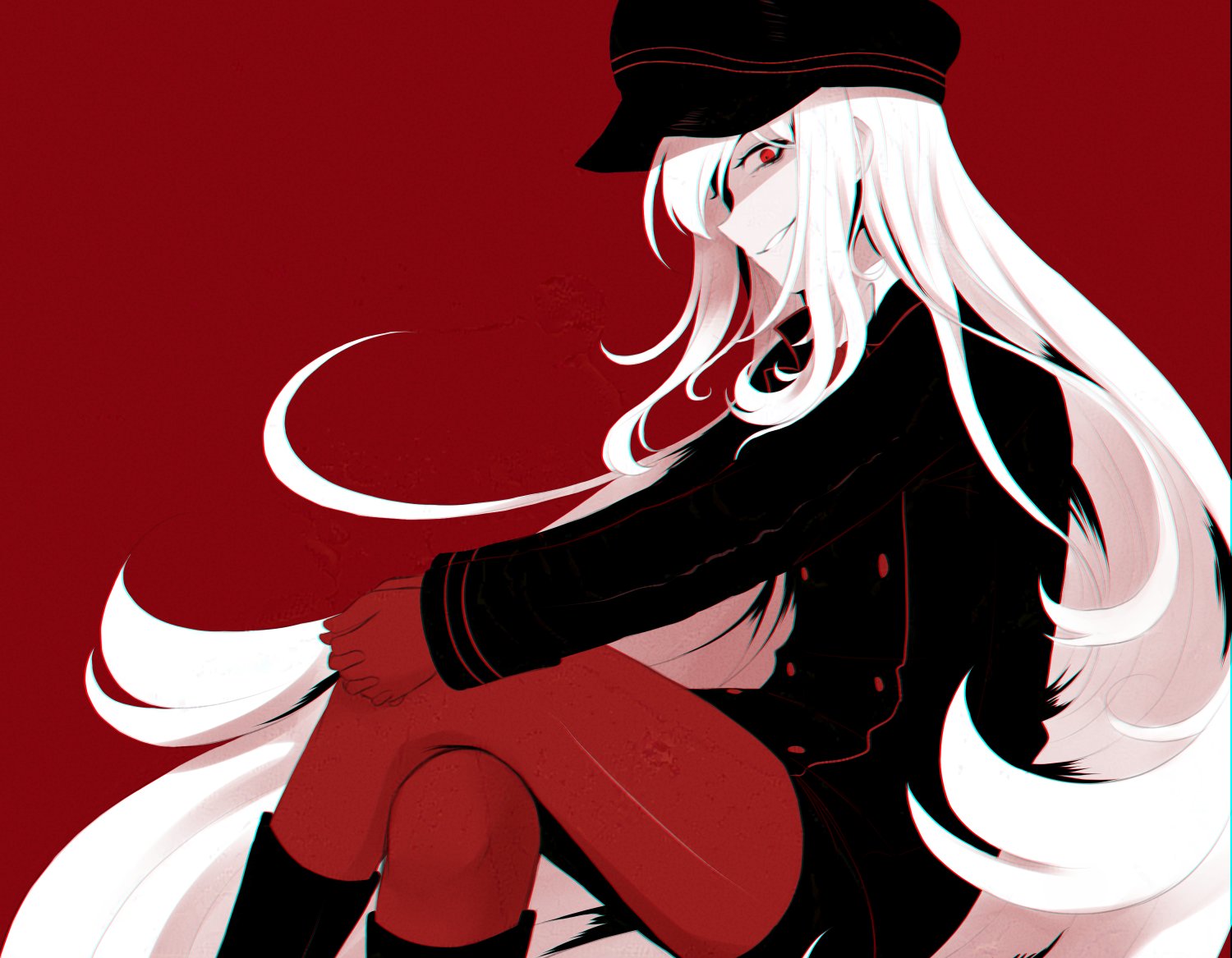 chanpotei, sukone tei, utau, commentary, english commentary, 1girl, absurdly long hair, black boots, black jacket, boots, gloves, hat, jacket, long hair, pantyhose, peaked cap, red eyes, red gloves, red pantyhose, very long hair, white hair