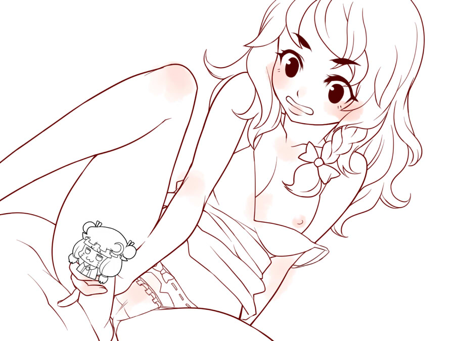 tsuutenkaaku, kirisame marisa, touhou, 1girl, bottomless, braid, breasts, censored, character censor, monochrome, novelty censor, penis, pinky out, small breasts, solo, spread legs