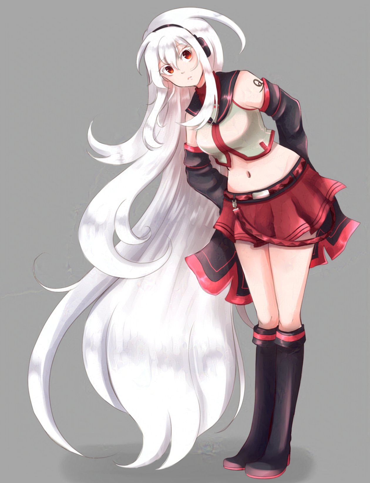 chanpotei, sukone tei, utau, commentary, english commentary, highres, 1girl, absurdly long hair, arm tattoo, belt, detached sleeves, expressionless, full body, long hair, miniskirt, red eyes, skirt, tattoo, very long hair, white hair