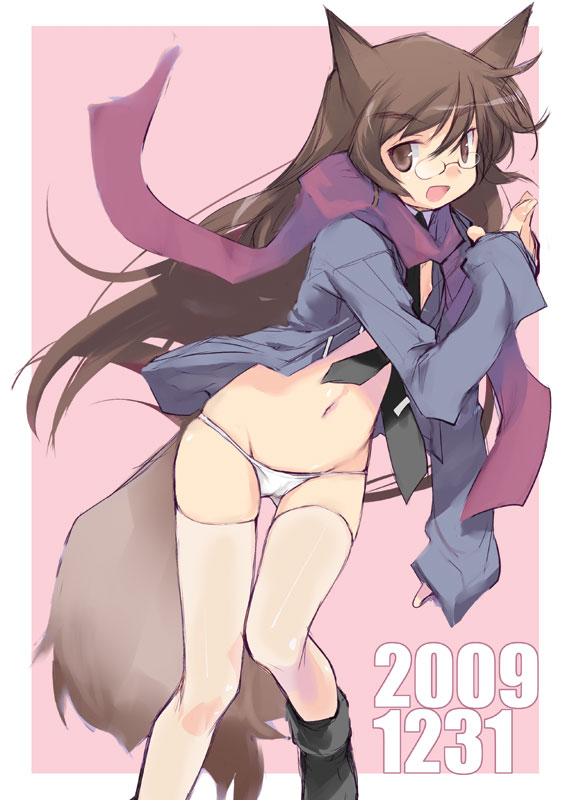 e=mc2 (mosimosi), original, 1girl, animal ears, dated, female focus, fox ears, fox tail, glasses, lowleg, scarf, solo, tail, thighhighs, white thighhighs