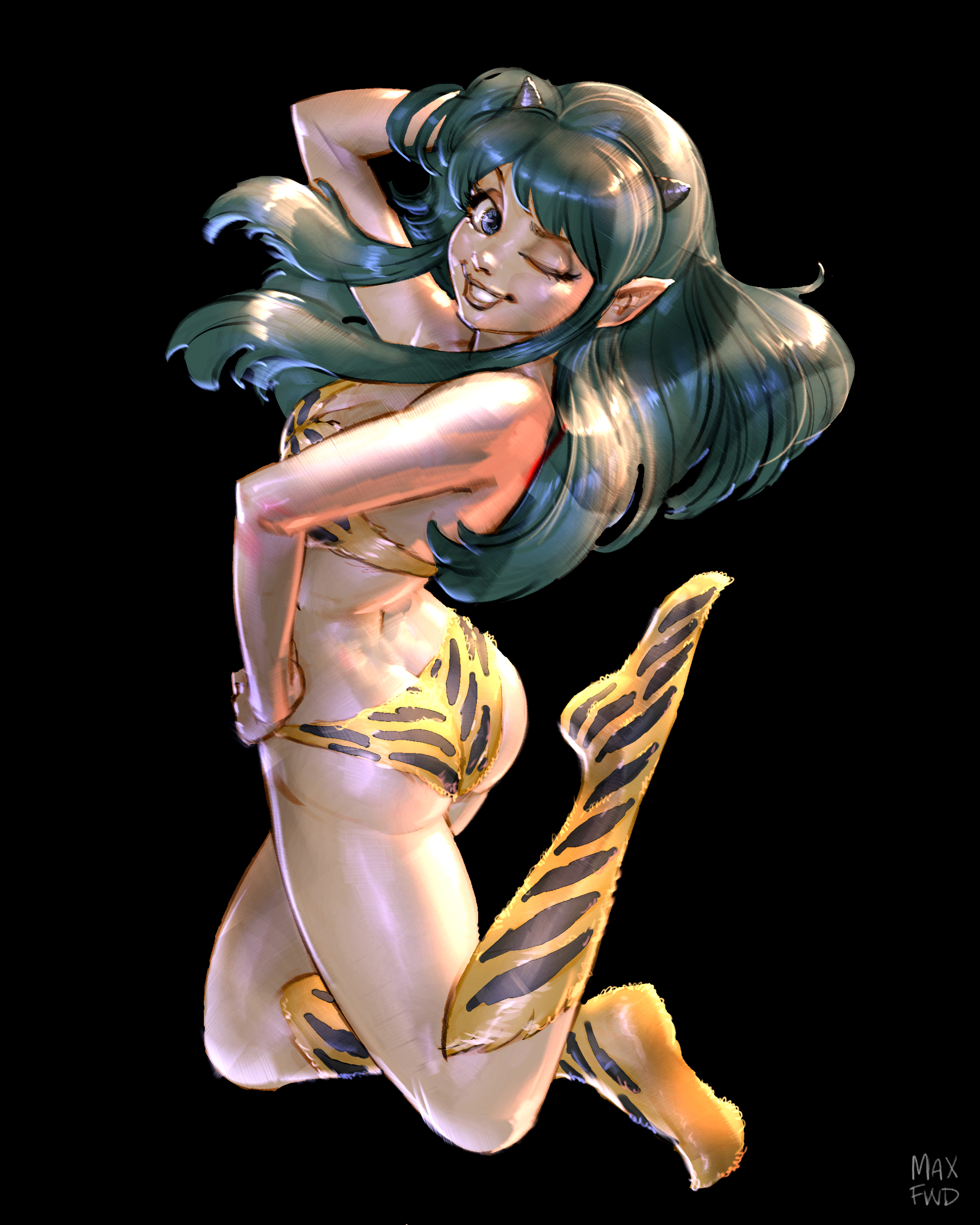 studystudiomax, lum, urusei yatsura, absurdres, highres, 1girl, animal print, arm behind head, ass, bikini, black background, blue eyes, breasts, cleavage, cone horns, full body, green hair, grin, hand in own hair, hand on own hip, hand up, horns, long hair, looking at viewer, medium breasts, one eye closed, oni, pointy ears, print bikini, print boots, simple background, small horns, smile, solo, strapless, strapless bikini, swimsuit, tiger panties, tiger print, yellow bikini