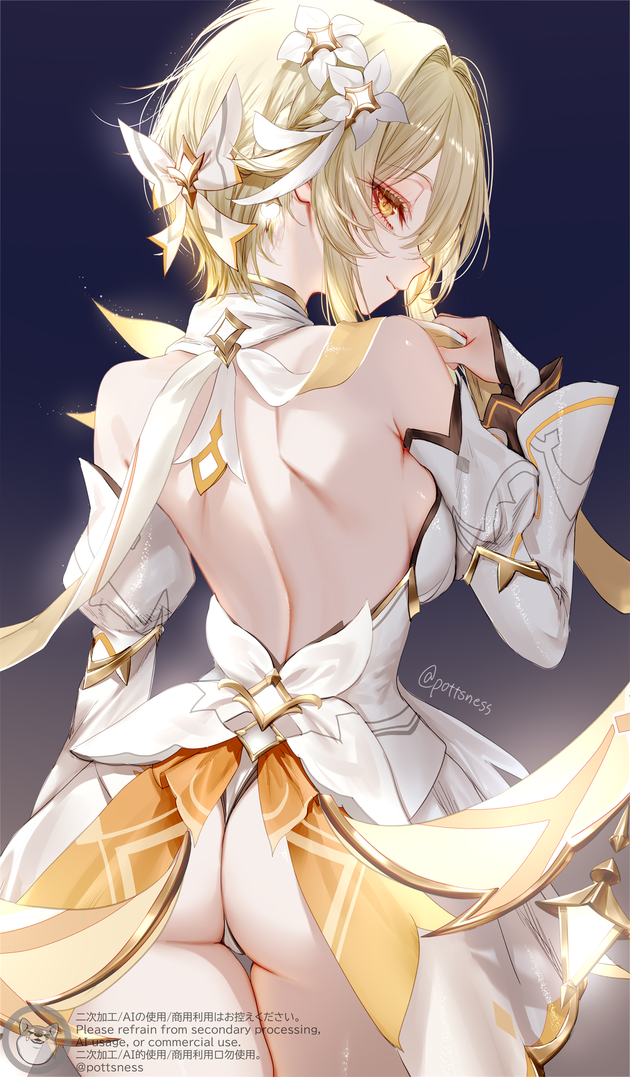 pottsness, lumine (as heaven and earth are made anew) (genshin impact), lumine (genshin impact), genshin impact, commentary request, highres, 1girl, ass, back, backless dress, backless outfit, bare shoulders, blonde hair, bow, closed mouth, cowboy shot, detached sleeves, dress, flower, from behind, gradient background, hair bow, hair flower, hair intakes, hair ornament, hand up, long sleeves, looking at viewer, looking back, median furrow, official alternate costume, shoulder blades, sideways glance, smile, solo, thigh gap, thighs, twitter username, watermark, white bow, white dress, white flower, yellow eyes