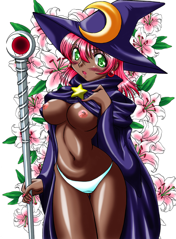 hirooki (dr-e), black mage (final fantasy), lenna charlotte tycoon, final fantasy, final fantasy v, source request, 1990s (style), blush, breasts, dark skin, green eyes, hat, large breasts, nipples, panties, pink hair, red hair, retro artstyle, staff, underwear, witch hat