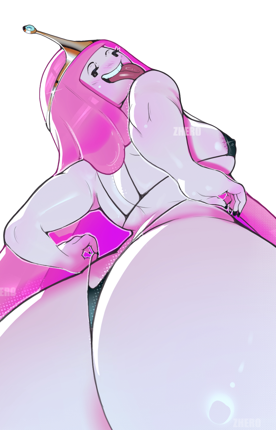 zhero art, princess bonnibel bubblegum, adventure time, highres, unfinished, 1girl, ass, back, bare shoulders, bikini, breasts, long hair, looking at viewer, pink hair, simple background, smile, solo, swimsuit, teeth, tongue