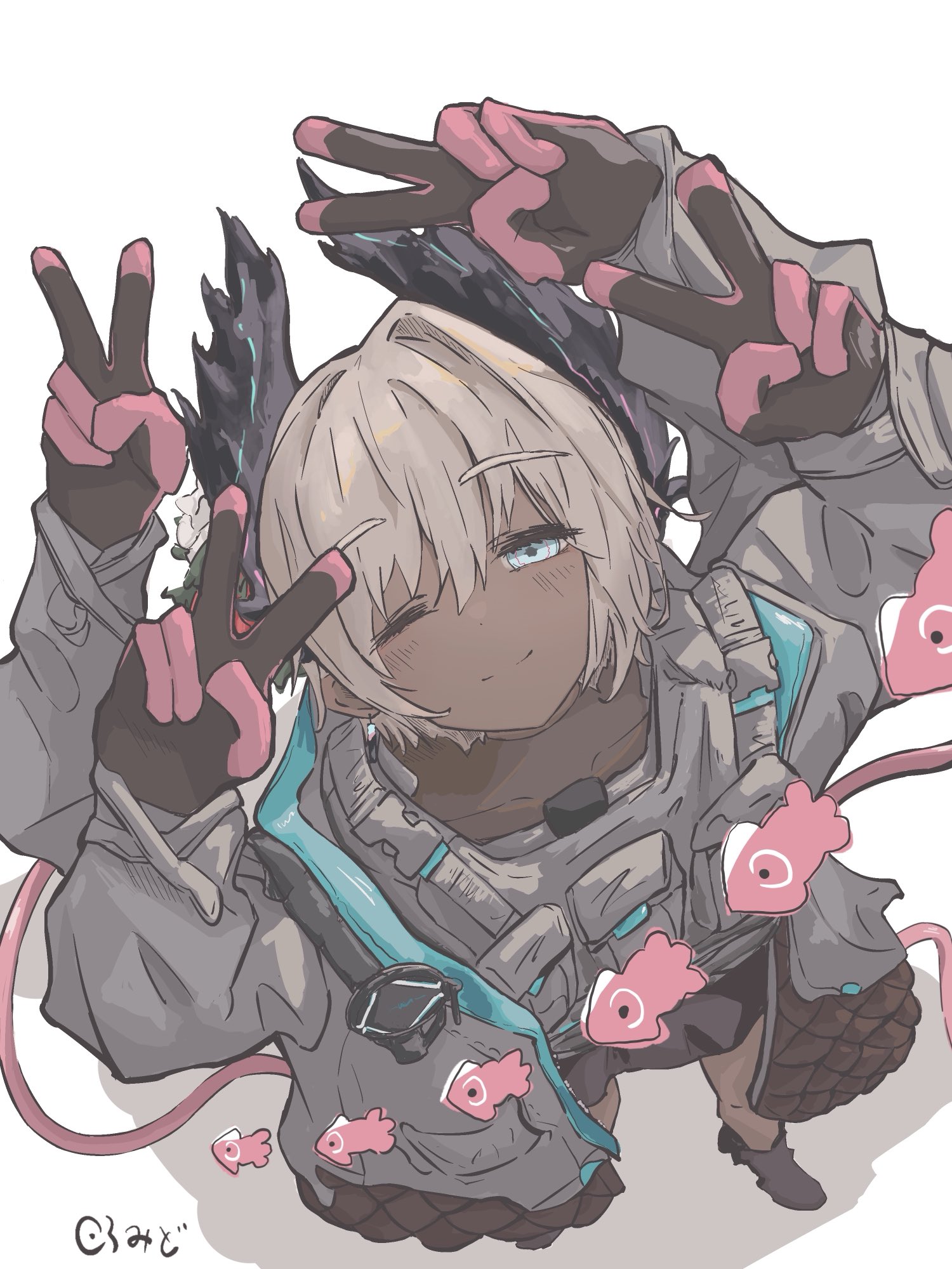 raidian (arknights), arknights, commentary request, highres, 1girl, bird girl, black feathers, black gloves, blush, cable, dark-skinned female, dark skin, extra arms, feather hair, feathers, flower, gloves, grey hair, hair flower, hair ornament, head wings, jacket, kuramidomoyasi, looking at viewer, multicolored gloves, one eye closed, pink gloves, quadruple v, short hair, simple background, smile, solo, two-tone gloves, unusually open eyes, v, white background, wings