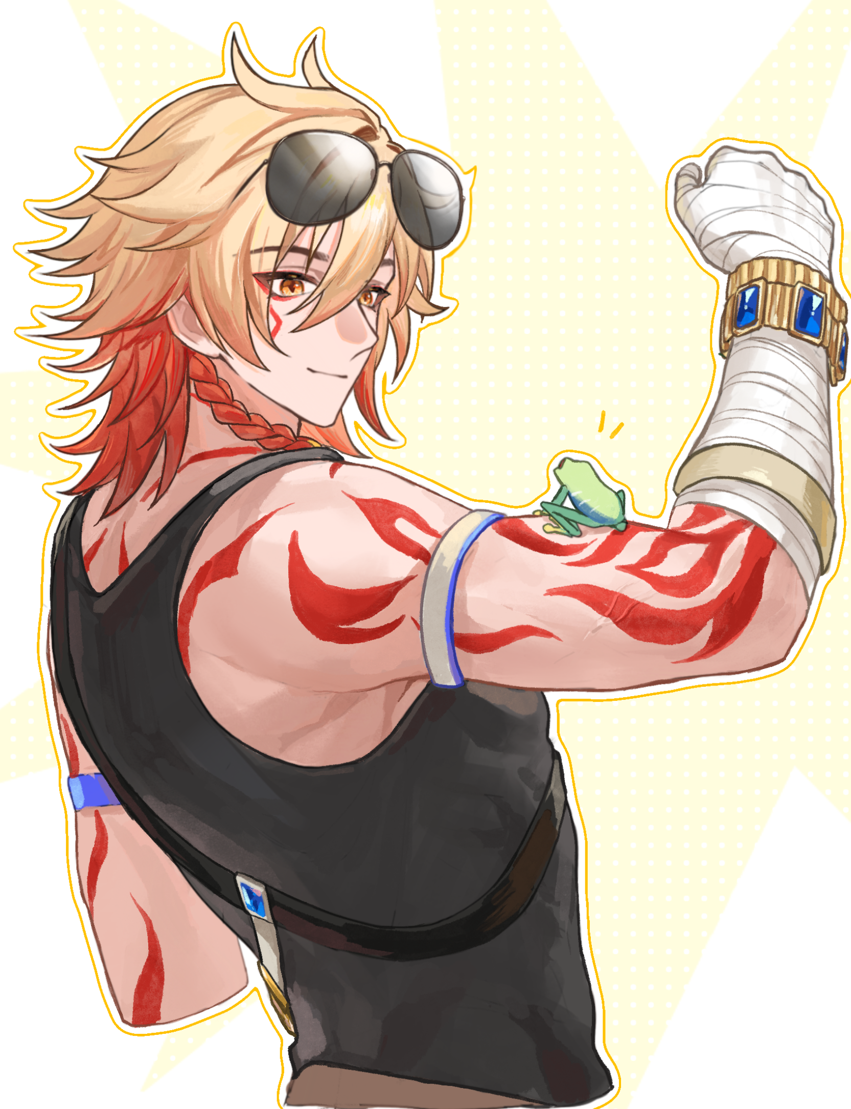 mydei (honkai: star rail), honkai: star rail, honkai (series), chinese commentary, commentary request, highres, 1boy, arm tattoo, armband, back tattoo, bandaged hand, bandages, blonde hair, bracelet, braid, eyewear on head, facial tattoo, frog, gold bracelet, gradient hair, grey armband, jewelry, male focus, medium hair, multicolored hair, qsbtan90, red hair, red tattoo, side braid, solo, sunglasses, tattoo, yellow eyes