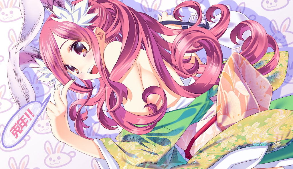 itou ben, oekaki musume, commentary request, 1girl, :d, animal ears, bare shoulders, breasts, brown eyes, hair ornament, hand up, holding kinchaku, japanese clothes, kimono, kimono pull, kinchaku, nengajou, new year, nipples, open mouth, pink hair, pouch, rabbit, rabbit ears, smile, solo, speech bubble