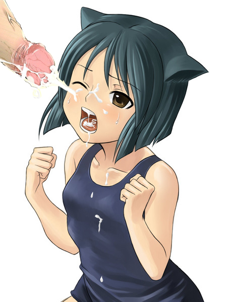 orochi itto, daidouji kira, aq interactive, arcana heart, atlus, examu, 1boy, 1girl, animal ears, blush, cum, hetero, loli, one eye closed, penis, swimsuit, wink