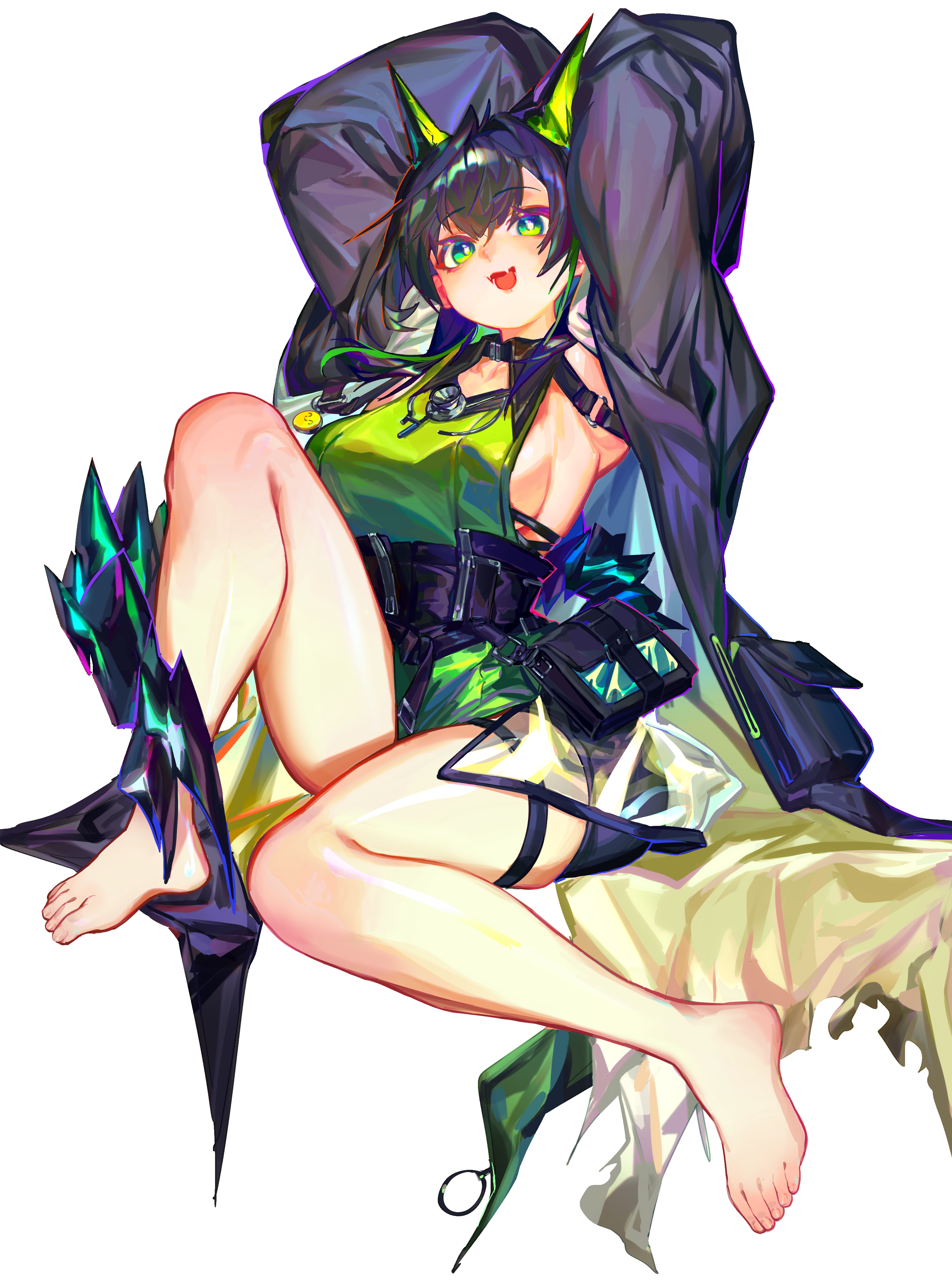 jian jia, mon3tr (arknights), arknights, absurdres, chinese commentary, commentary request, highres, 1girl, :d, arms up, bare legs, barefoot, black hair, black jacket, breasts, crystal horns, crystal tail, dress, full body, green dress, green eyes, jacket, large breasts, open clothes, open jacket, open mouth, sideboob, simple background, sleeveless, sleeveless dress, smile, solo, tail, white background
