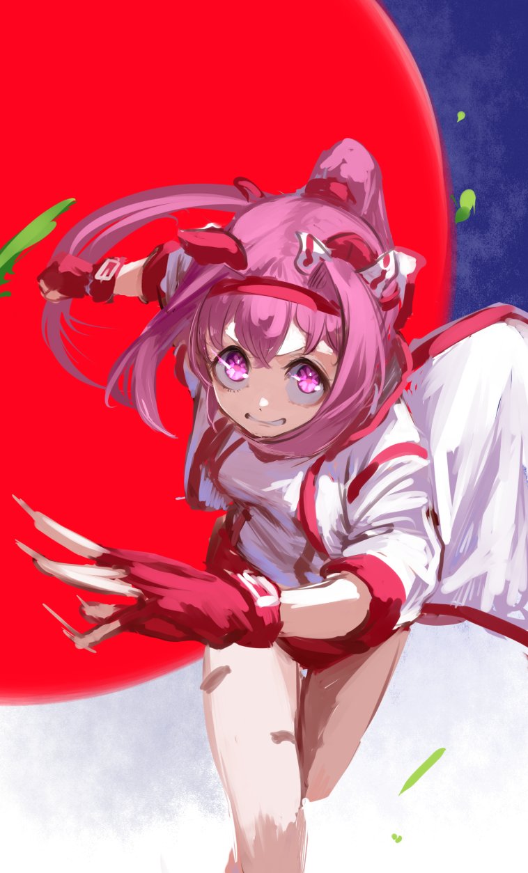 inishie kumo, haru urara (bestest prize) (umamusume), haru urara (umamusume), umamusume, highres, 1girl, animal ears, bandaid, bandaid on leg, bow, buruma, clenched teeth, ear bow, ear covers, fingerless gloves, flower-shaped pupils, flower in eye, gloves, headband, horse ears, horse girl, horse tail, jacket, long hair, looking at viewer, open mouth, parted lips, pink buruma, pink eyes, pink hair, pink headband, ponytail, red buruma, red gloves, red headband, running, shirt, solo, symbol-shaped pupils, symbol in eye, tail, teeth, white jacket, white shirt