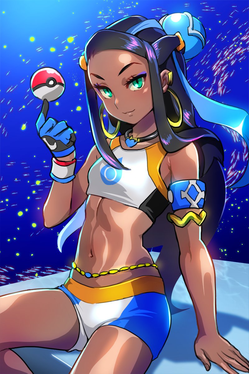 ichiren takushou, nessa (pokemon), nintendo, pokemon, pokemon swsh, commentary request, highres, 1girl, arm support, armband, armlet, belly chain, bikini, black hair, blue eyeliner, blue gloves, blue hair, breasts, closed mouth, crop top, dark-skinned female, dark skin, earclip, earrings, eyeliner, fish, forehead, gloves, green eyes, hair bun, holding, holding poke ball, hoop earrings, index finger raised, jewelry, long hair, looking at viewer, makeup, midriff, multicolored hair, navel, necklace, poke ball, poke ball (basic), shiny skin, single glove, single hair bun, sitting, small breasts, smile, solo, sportswear, stomach, swimsuit, tankini, two-tone hair, water