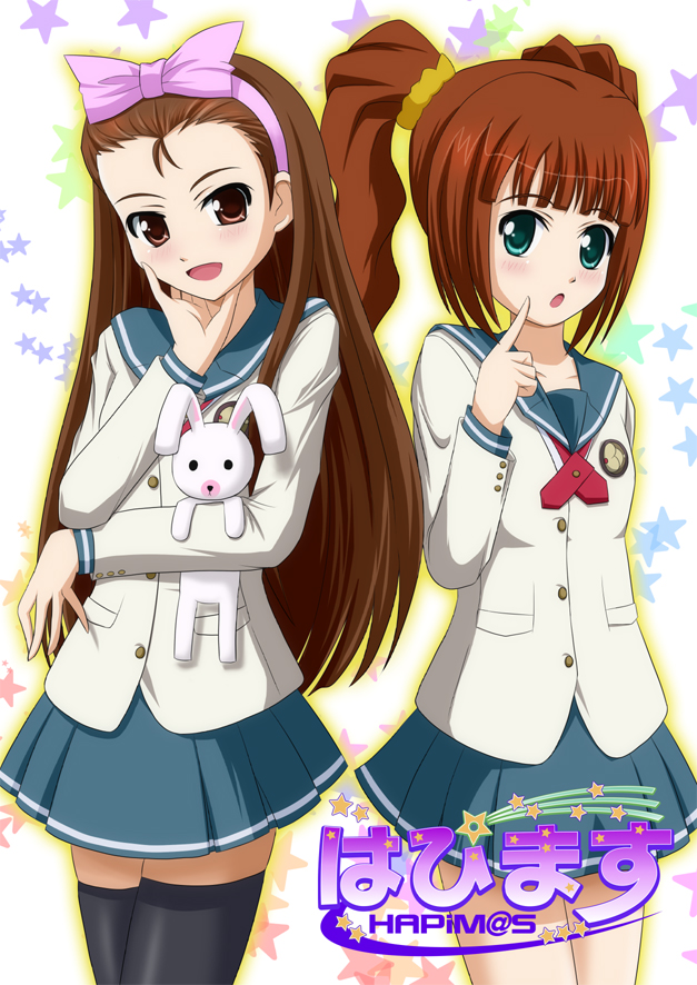satousu, minase iori, takatsuki yayoi, usa-chan, idolmaster, idolmaster xenoglossia, 2girls, brown eyes, brown hair, cosplay, crossover, dual persona, green eyes, long hair, multiple girls, rabbit, school uniform, serafuku, stuffed animal, stuffed rabbit, stuffed toy, thighhighs, twintails, zettai ryouiki