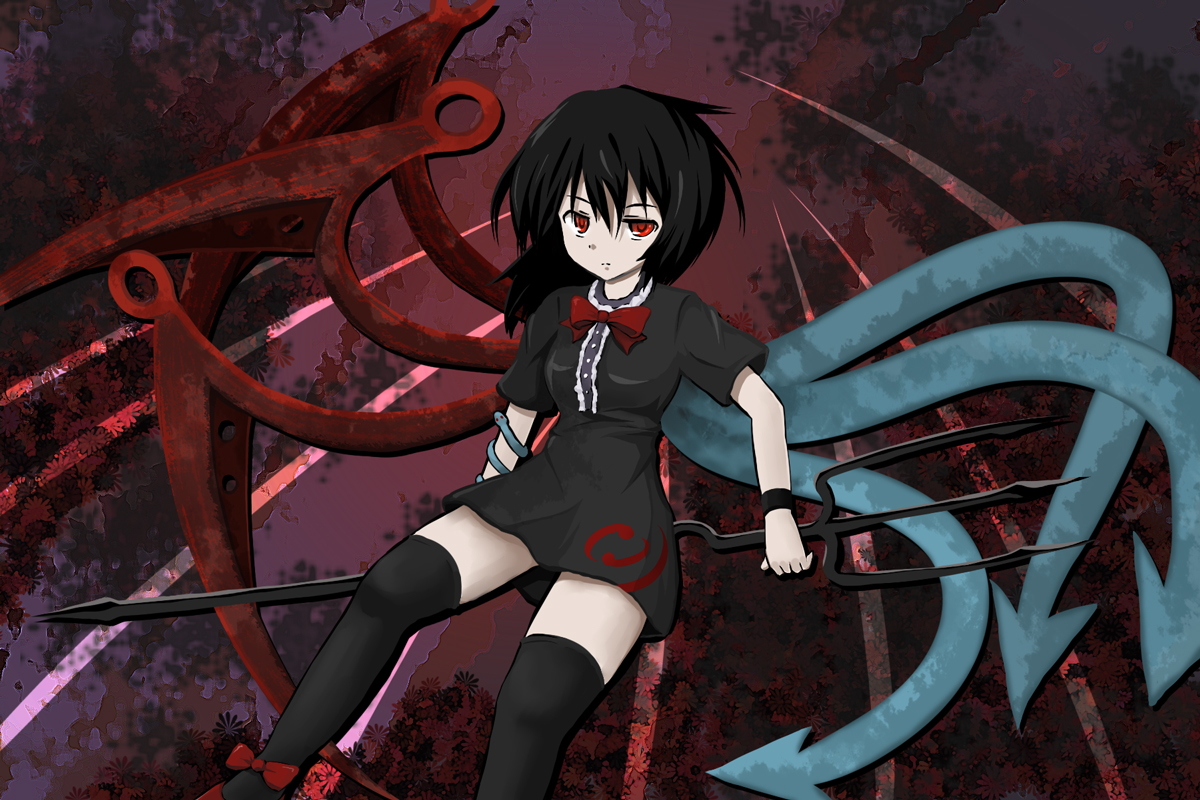 yagi (pixiv249266), yagi (sinnsyou), houjuu nue, touhou, bad id, bad pixiv id, 1girl, black hair, black thighhighs, bow, female focus, polearm, red eyes, snake, solo, spear, thighhighs, trident, weapon, wings, zettai ryouiki