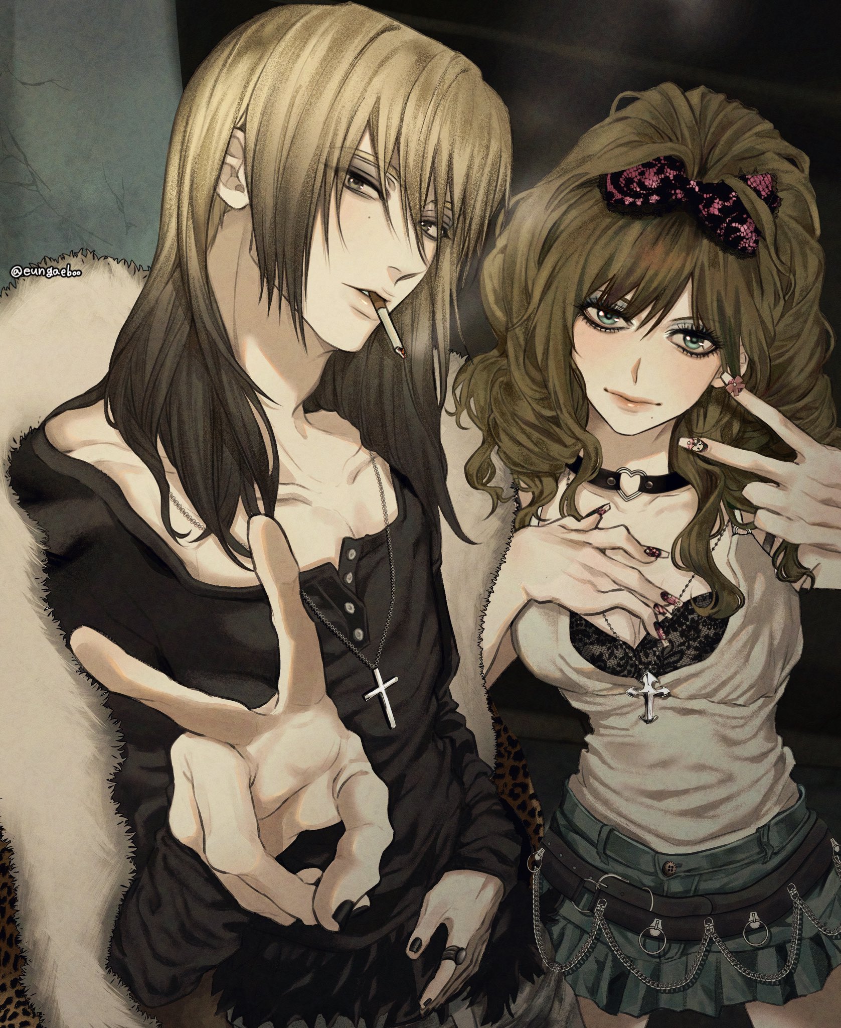 original, highres, 1boy, 1girl, animal print, belt, belt buckle, black belt, black bra, black choker, black eyeshadow, black fur, black hair, black nails, black shirt, blonde hair, blue eyes, blue skirt, blush, bow, bra, bra peek, breasts, brown hair, brown pants, buckle, choker, cigarette, cleavage, closed mouth, collarbone, cross, cross necklace, curly hair, denim, denim shorts, eungaeboo, eyelashes, eyeshadow, fashion, fingernails, from above, fur-trimmed jacket, fur-trimmed shirt, fur trim, gem-studded nails, gradient hair, grey eyes, gyaru, gyaruo, hair between eyes, hair bow, hair over one eye, half updo, hand on own chest, hand on own stomach, head tilt, heart, heart o-ring, heart ring choker, high ponytail, hime gyaru, jacket, jacket on shoulders, jewelry, lace, lace bra, latin cross, leopard print, light smile, long eyelashes, long fingernails, long hair, long sleeves, looking at viewer, loose belt, loose clothes, loose shirt, makeup, medium breasts, medium hair, miniskirt, mole, mole under eye, mole under mouth, multicolored hair, multicolored nails, nail art, nail ornament, nail polish, necklace, o-ring, o-ring belt, o-ring choker, pants, parted lips, pink bow, pleated skirt, ponytail, print bow, red lips, ring, sanpaku, sequins, shirt, shorts, sidelocks, skirt, sleeveless, sleeveless shirt, smoking, twitter username, two-tone hair, two-tone nails, underwear, upper body, v, wallet chain, white eyeshadow, white nails, white shirt, y2k fashion