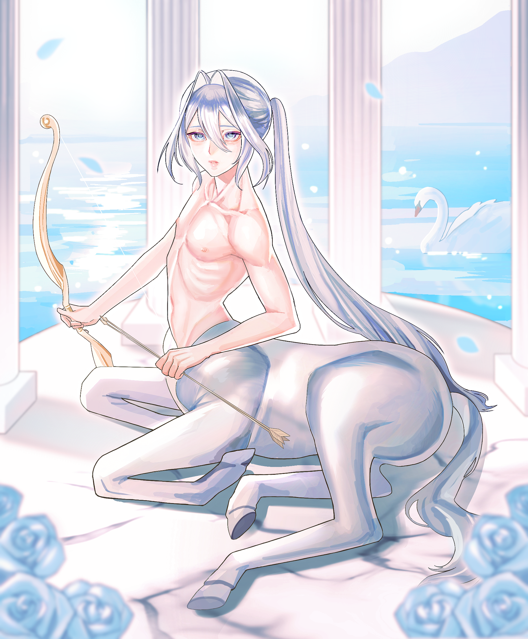 original, commentary request, highres, 1boy, arrow (projectile), bird, blue eyes, bow (weapon), centaur, collarbone, flower, full body, grey hair, hair between eyes, hair intakes, harami (029parami), holding, holding arrow, holding bow (weapon), holding weapon, hooves, horse tail, long hair, looking at viewer, male focus, monster boy, multiple legs, navel, parted lips, pillar, ponytail, rose, shadow, sidelocks, sitting, solo, stomach, swan, tail, taur, topless male, water, weapon