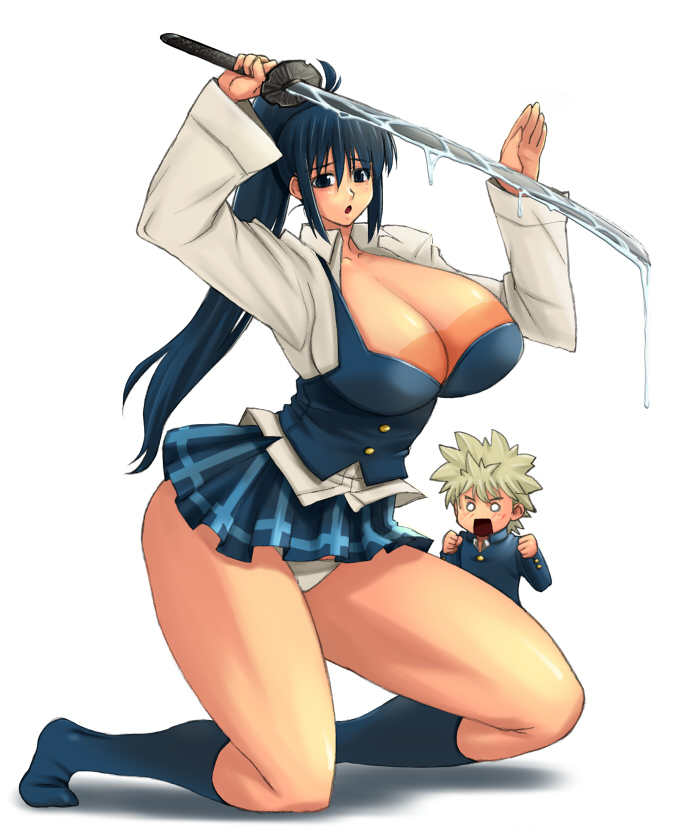 artist request, character request, source request, 1boy, 1girl, black eyes, blue hair, blush, breasts, cleavage, huge breasts, large breasts, long hair, panties, school uniform, sword, underwear, weapon