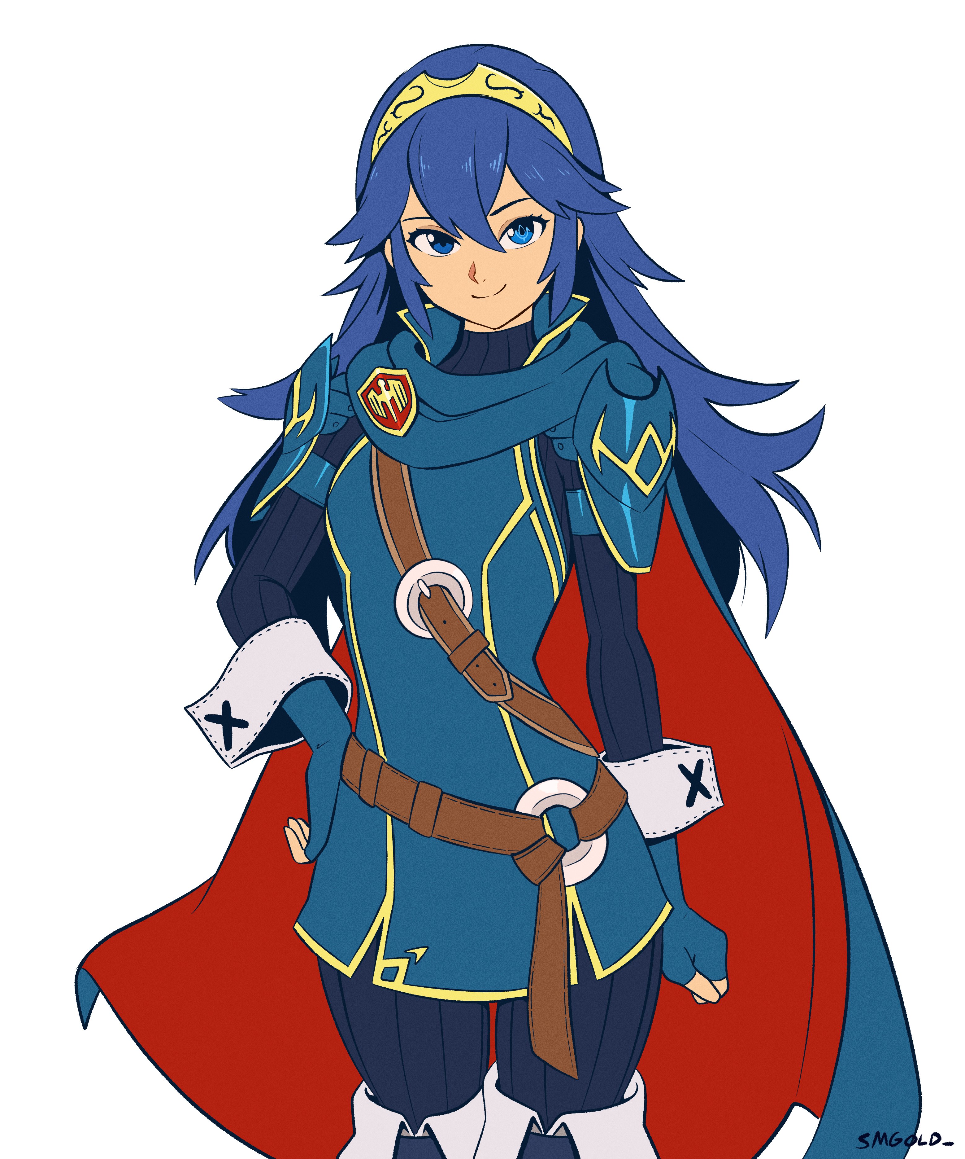 smgold, lucina (fire emblem), fire emblem, fire emblem awakening, nintendo, absurdres, commentary, english commentary, highres, 1girl, armor, belt, blue cape, blue eyes, blue gloves, blue hair, brown belt, cape, closed mouth, fingerless gloves, gloves, grey background, hair between eyes, hand on own hip, long hair, long sleeves, looking at viewer, pauldrons, red cape, shoulder armor, simple background, smile, solo, sweater, tiara, turtleneck, turtleneck sweater, two-tone cape