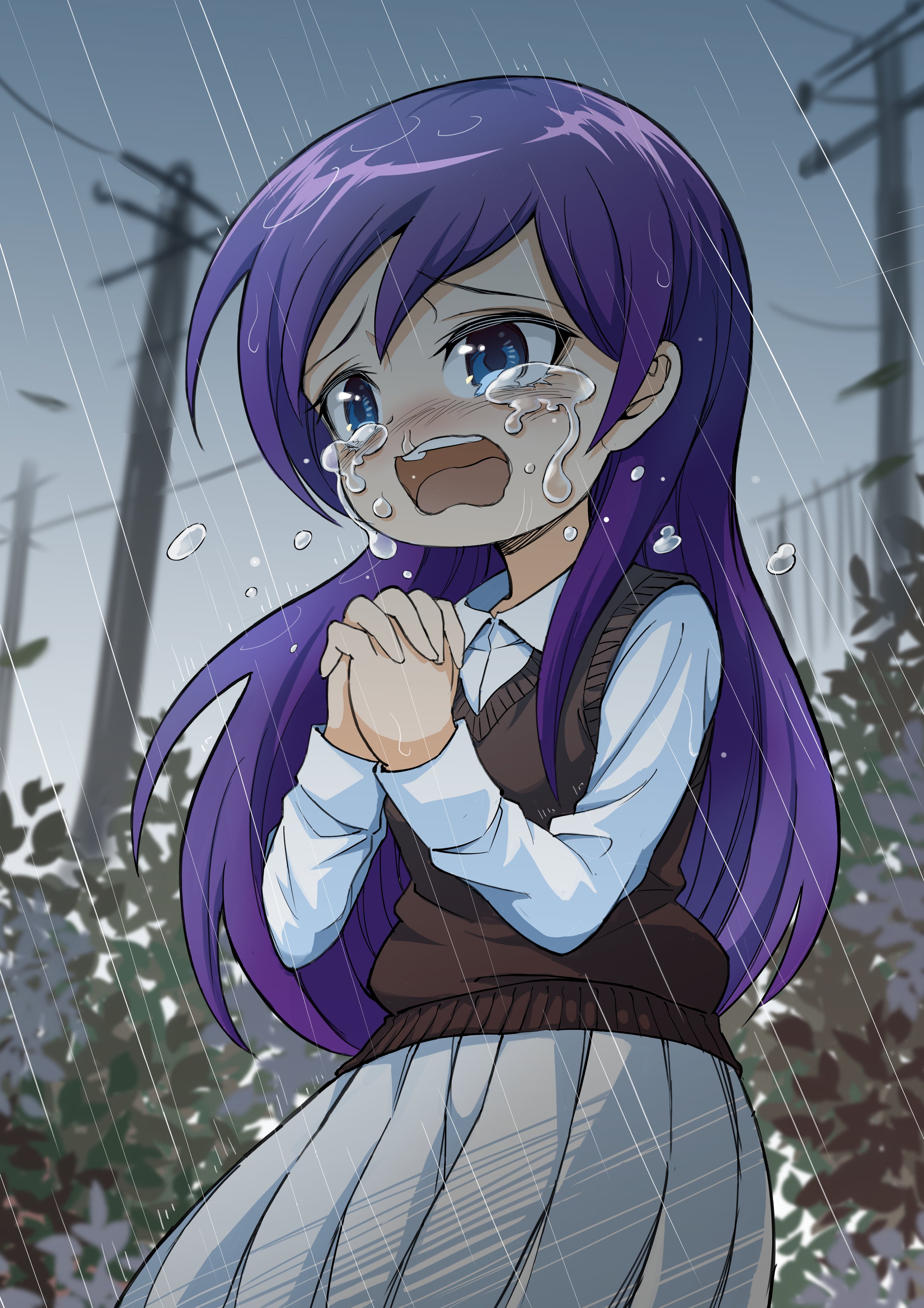 jikkyou powerful pro yakyuu, power pro kun pocket, power pro kun pocket 14, absurdres, commentary request, highres, 1girl, amatsuki sayaka, black sweater vest, blue eyes, crying, grey skirt, long hair, long sleeves, open mouth, outdoors, own hands clasped, own hands together, pawahotel3021, praying, purple hair, rain, shirt, skirt, snot, solo, sweater vest, teeth, upper teeth only, utility pole, white shirt