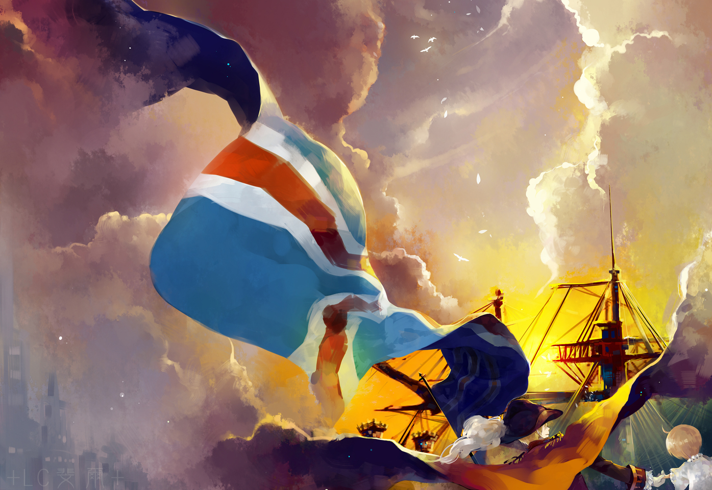 saiyki, america (hetalia), united kingdom (hetalia), axis powers hetalia, 00s, 2boys, aged down, bird, blonde hair, cloak, cloud, faux traditional media, flag, hat, male focus, multiple boys, ship, sky, speed painting, watercraft