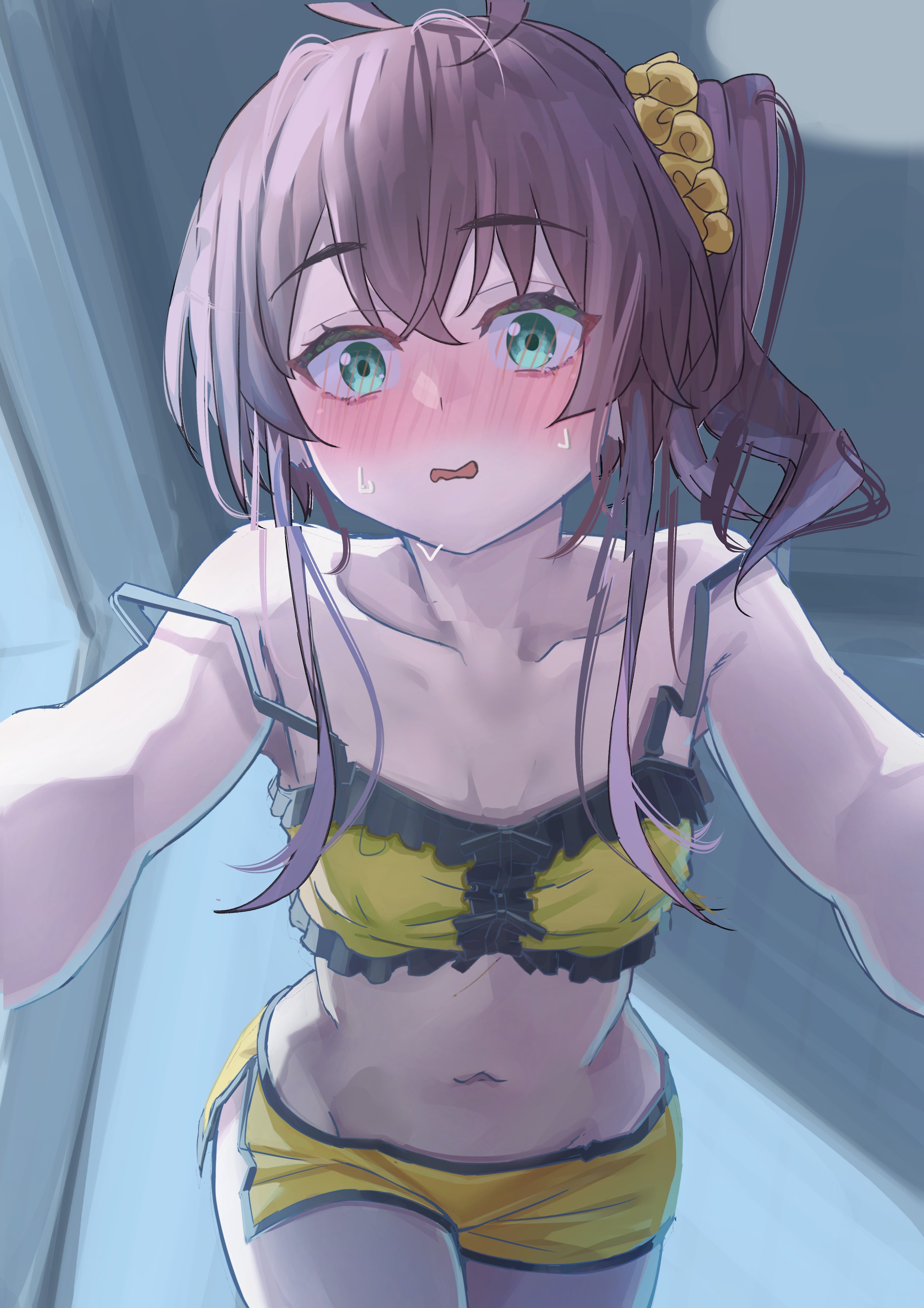 starkamisan, natsuiro matsuri, natsuiro matsuri (matsuri's day off), hololive, absurdres, commentary request, highres, 1girl, bare shoulders, blush, brown hair, collarbone, crop top, dolphin shorts, girl on top, green eyes, hair ornament, hair scrunchie, long hair, midriff, navel, open mouth, pov, scrunchie, shorts, side ponytail, solo, strap slip, sweat, virtual youtuber, wavy mouth